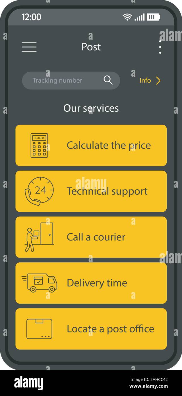 Parcel Delivery tracking App smartphone Schnittstelle vektor Vorlage. Mobile  Logistik Anwendung Seite schwarzes Design Layout. Post, Versand opti  Stock-Vektorgrafik - Alamy