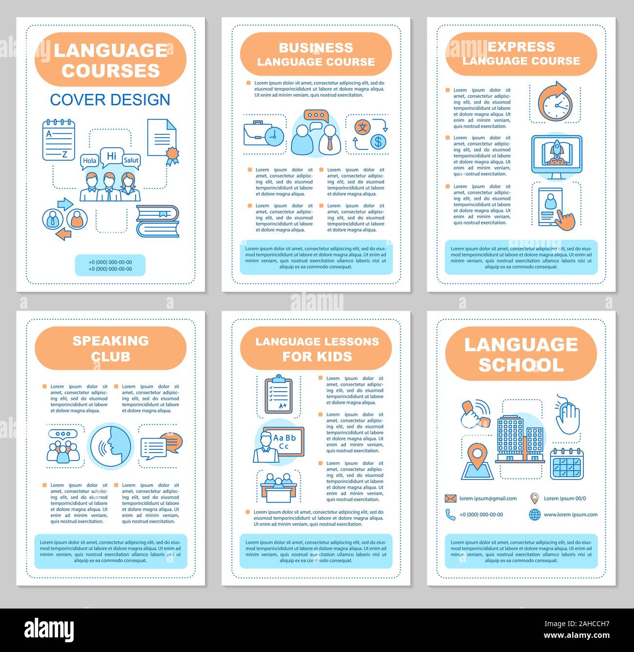 Fremdsprache Schule Broschüre Vorlage, Layout. Flyer, Broschüre, Prospekt print Design. Sprache lernen Klassen, Unterricht, Kurse. Sprechen club, Gr Stock Vektor