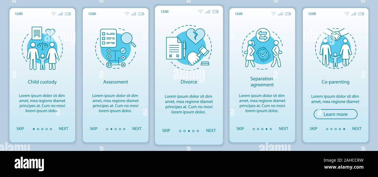 Mediation Onboarding mobile App Seite Bildschirm vektor Vorlage. Das Sorgerecht für Kinder, Bewertung, Scheidung, Co-parenting. Exemplarische Vorgehensweise website Schritte mit linearen i Stock Vektor