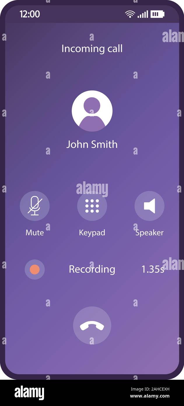 Anrufe app smartphone Schnittstelle vektor Vorlage. Mobile Seite lila Design Layout. Eingehender Anruf, Voice Recording auf dem Bildschirm. Stummschaltung, ke Stock Vektor