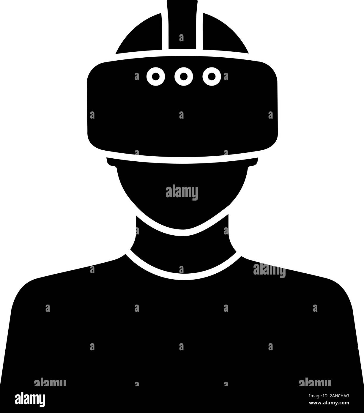 Virtual Reality player Glyph icon. Silhouette Symbol. VR-Player. Mann mit VR-Maske, Gläser, Headset. Negativer Platz. Vektor isoliert Abbildung Stock Vektor