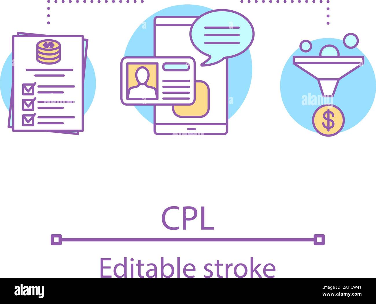 CPL Konzept Symbol. Kosten pro Lead Idee dünne Linie Abbildung. Sales Conversion Rate. Kundenbindung. Vektor isoliert Umrisse zeichnen. Editierbare Anschlag Stock Vektor