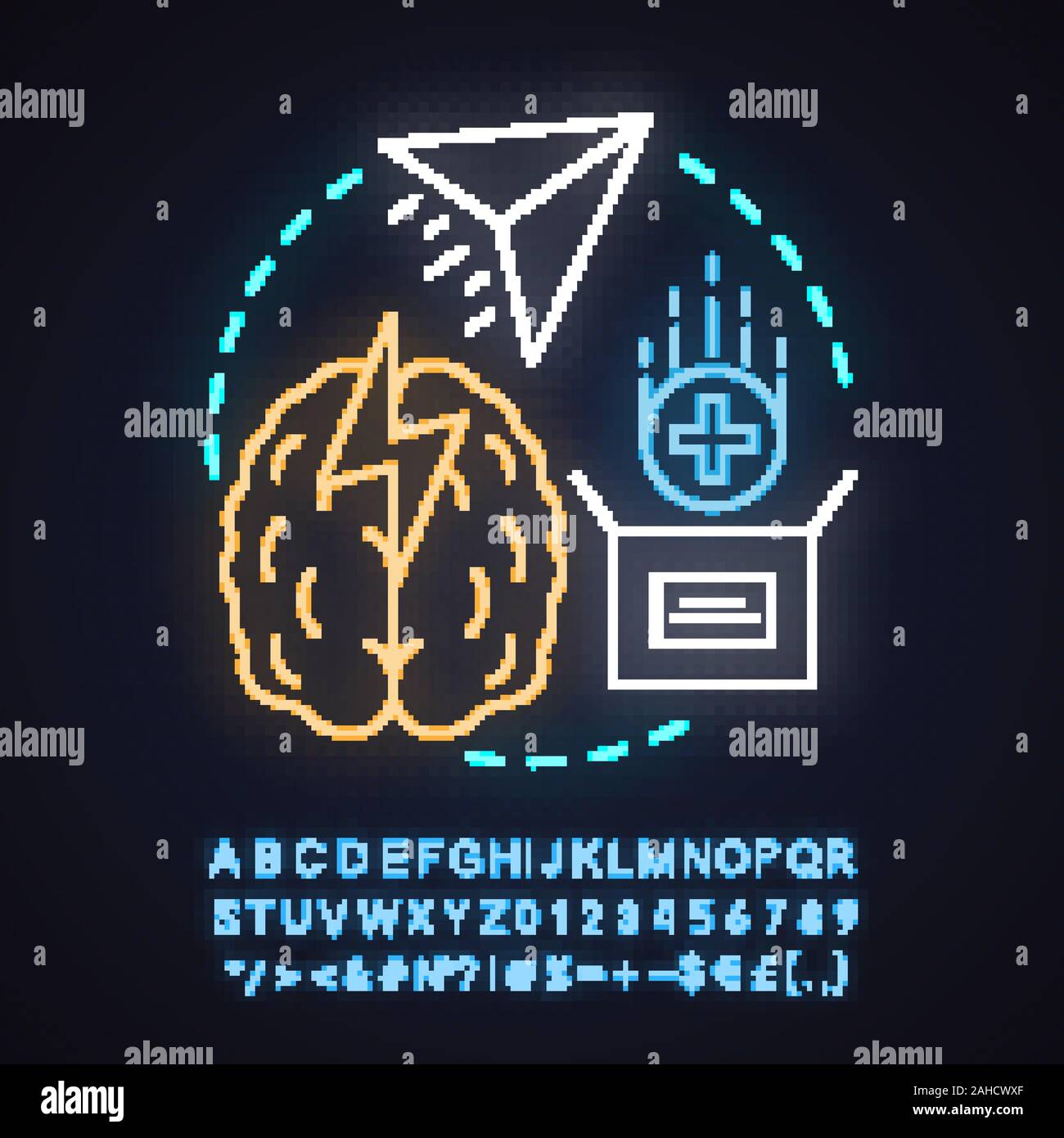 Brainstorming Neon Licht Konzept Symbol. Ideen sammeln. Denken. Lösung suche Idee. Leuchtende Zeichen mit Alphabet, Zahlen und Symbolen. Vektor iso Stock Vektor