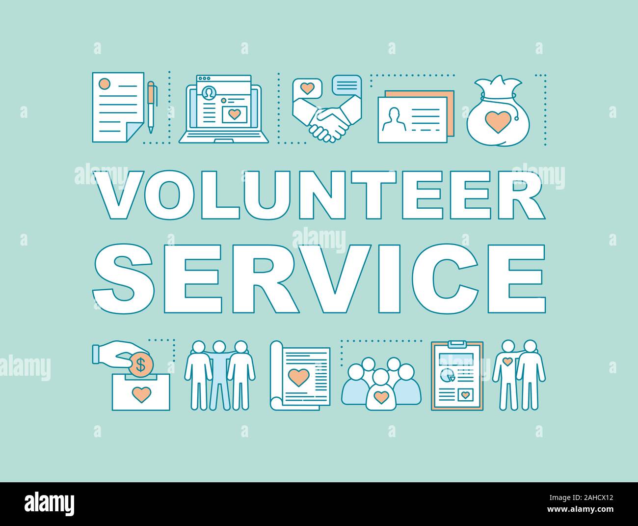 Volunteer Service Wort Konzepte Banner. Sponsoring. Präsentation, Website. Gemeinnützige Fundraising. Isolierte schrift Typografie Idee mit linearen ico Stock Vektor