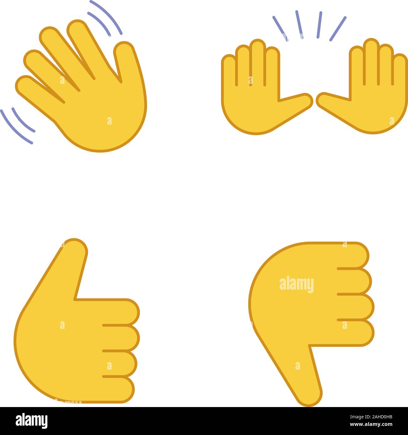 Geste emojis farbige Symbole gesetzt. Hallo, auf Wiedersehen, Stop, gute Arbeit, Ablehnung und gestikulierte. Winken und heben die Hand, Daumen nach oben und unten. Isolierte vec Stock Vektor