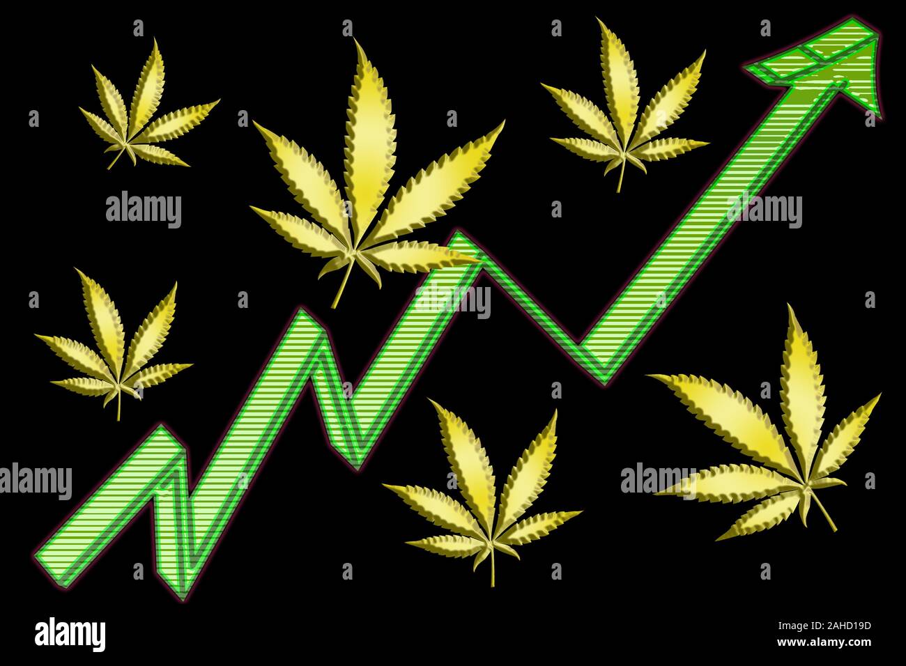 Eine abstrakte pot Leaf und Aufwärtstrend Pfeil Hintergrund. Stockfoto