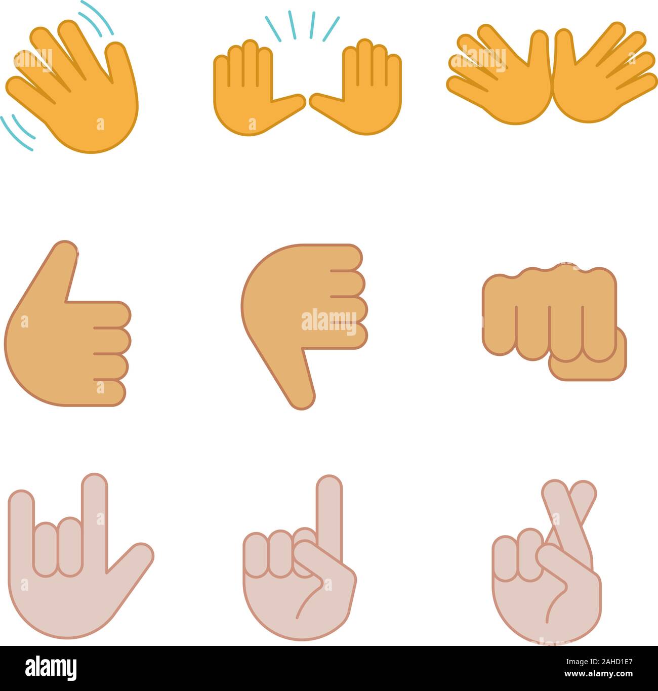 Geste emojis farbige Symbole gesetzt. Winken, Stop, Jazz, Daumen nach