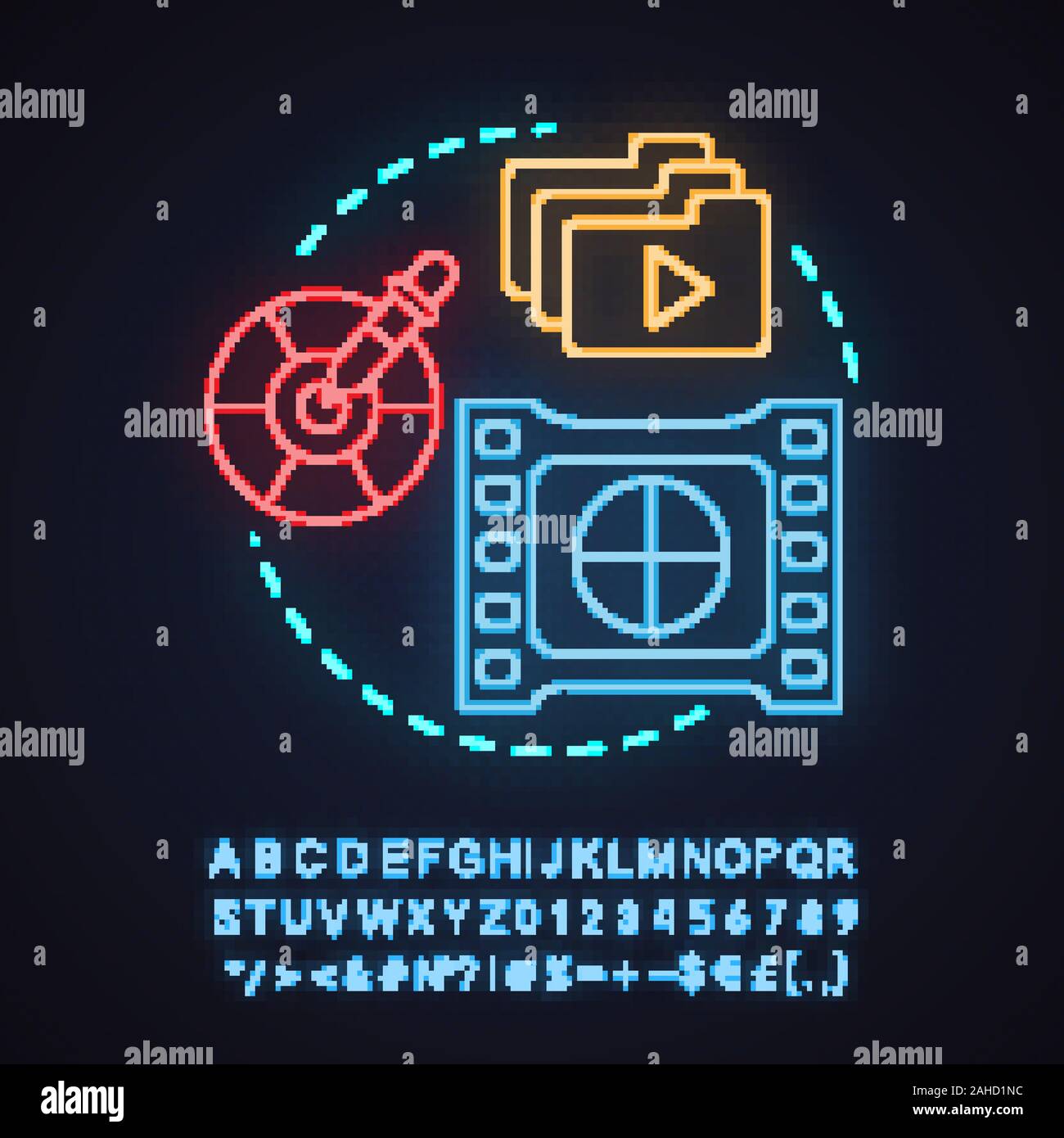 Post Production Neon Licht Konzept Symbol. Video, Foto bearbeiten Idee. Leuchtende Zeichen mit Alphabet, Zahlen und Symbolen. Vektor isoliert Abbildung Stock Vektor