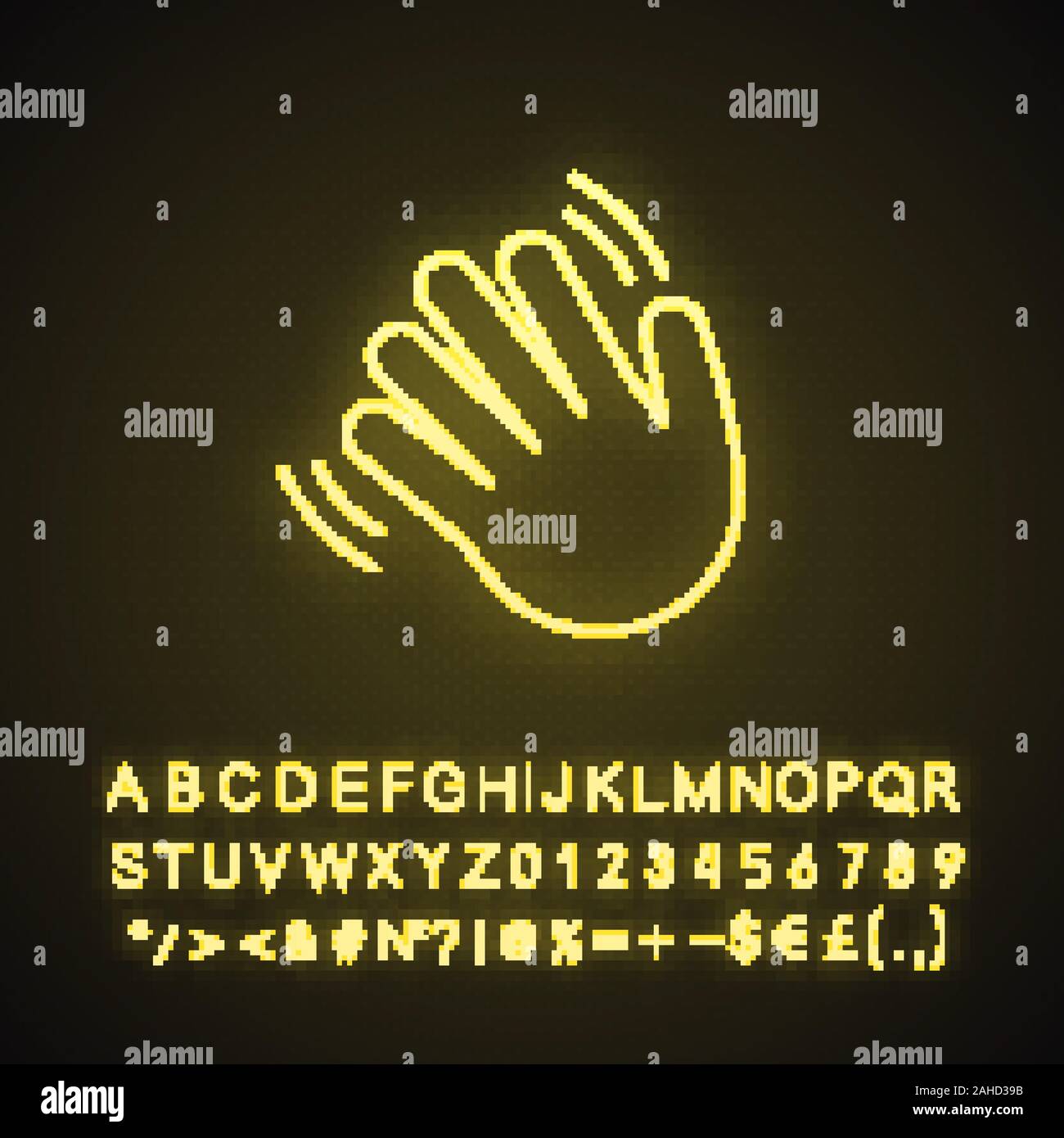 Winkende hand Geste emoji Neonlicht Symbol. Hallo, Hallo, auf Wiedersehen, auf Wiedersehen hand gestikulierend. Gruß Palm. Leuchtende Zeichen mit Alphabet, Zahlen und Symbolen. Vec Stock Vektor