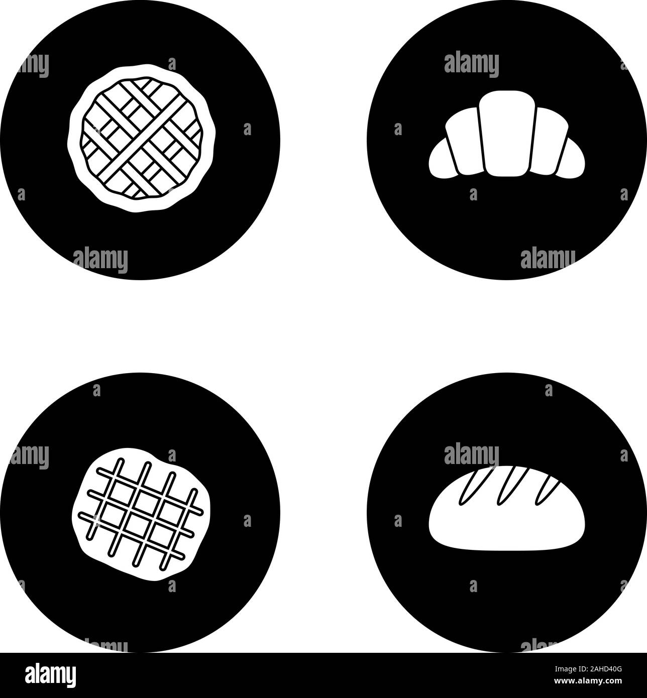 Bäckerei Glyphe Symbole gesetzt. Kuchen, Croissants, belgischen Waffeln, runde Brot. Vektor weisse Silhouetten Abbildungen in schwarzen Kreisen Stock Vektor