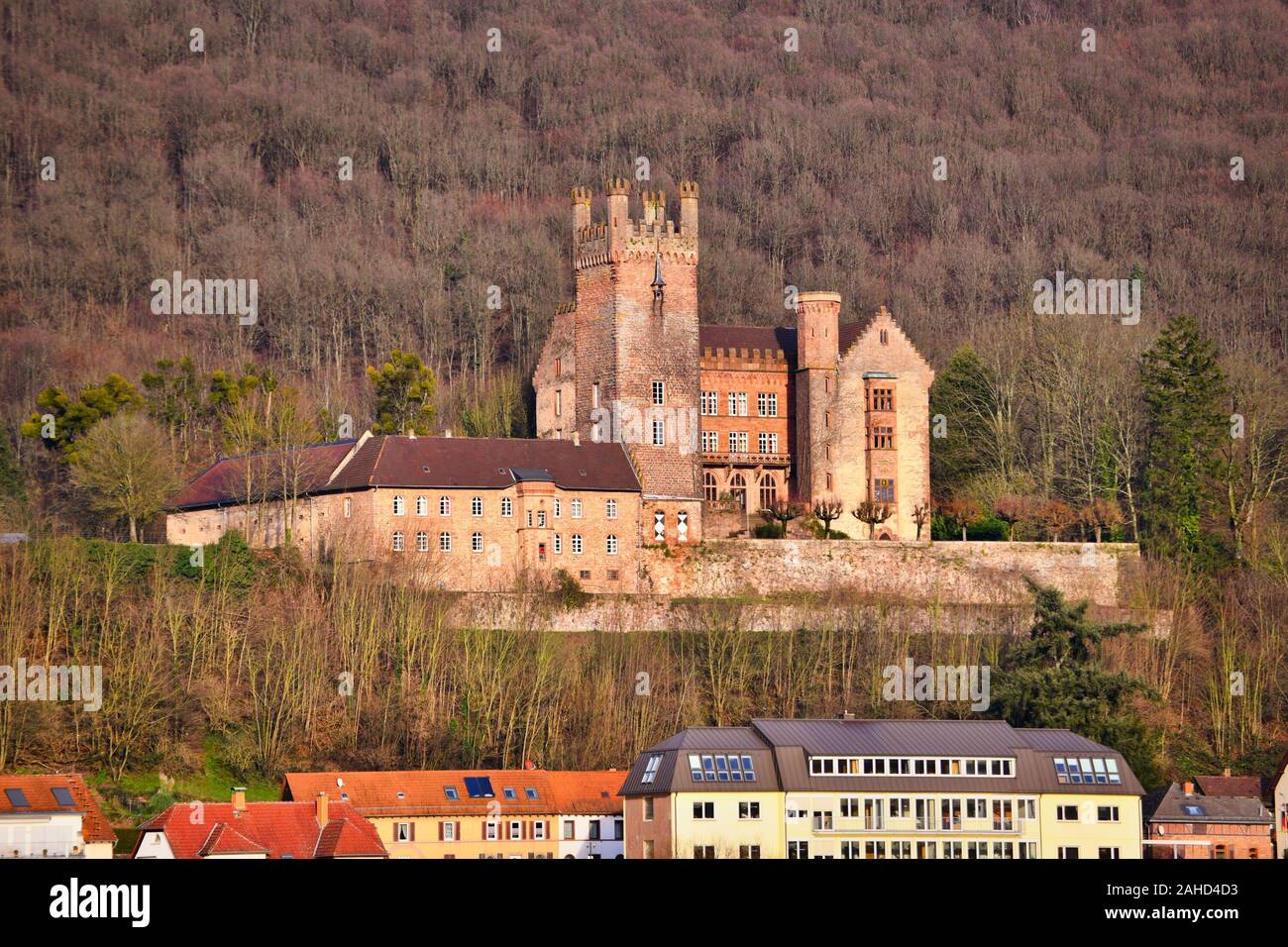 Gut erhaltene und bewohnte mittelalterliche Deutsche Hill Burg namens "ittelburg', in Odenwald in der deutschen Stadt Neckarsteinach Stockfoto