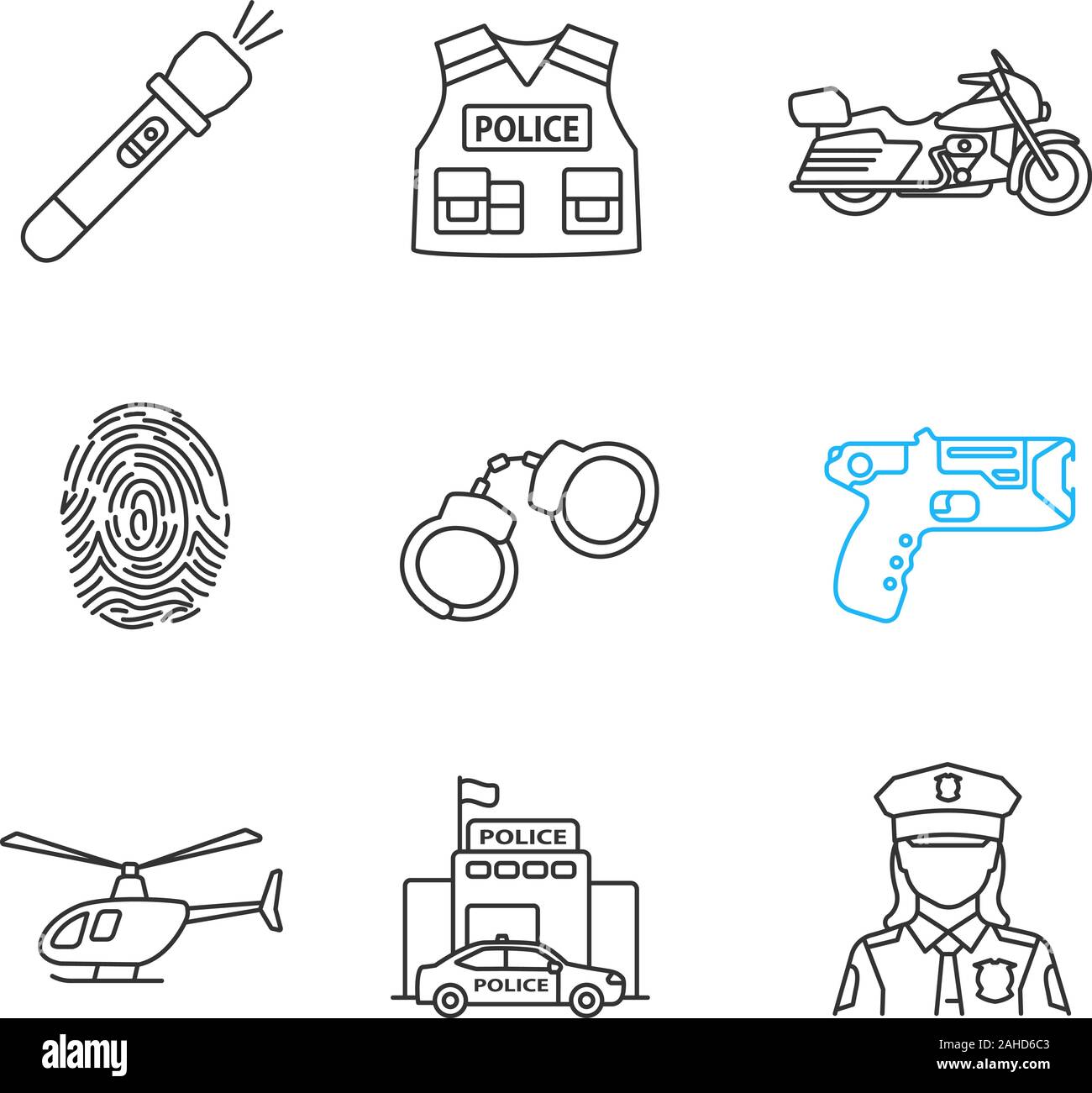 Polizei lineare Symbole gesetzt. Taschenlampe, kugelsichere Weste, Motorrad, Fingerabdruck, Handschellen, Taser, Hubschrauber, Polizei, Polizist. Dünne Linie cont Stock Vektor