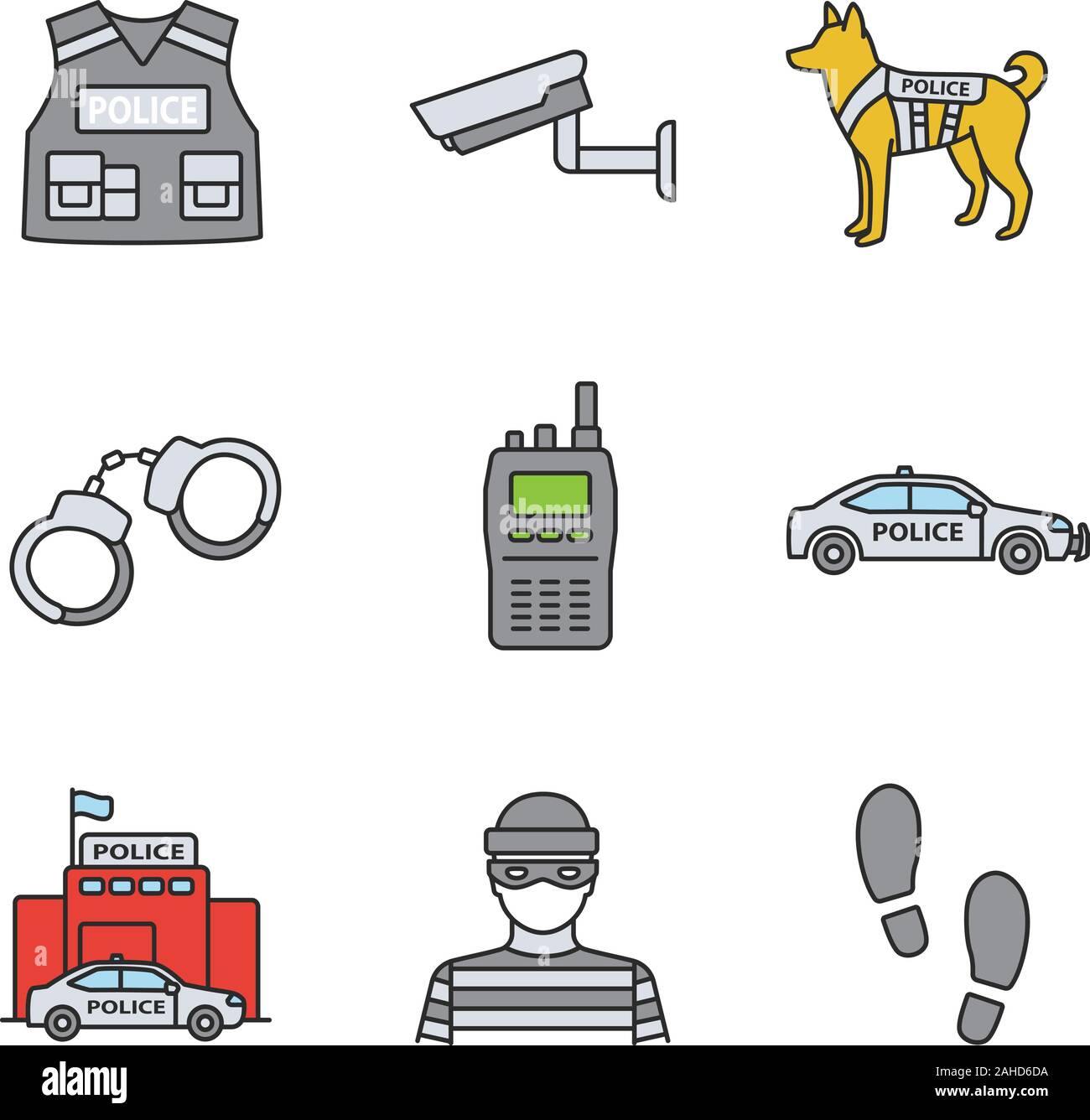 Polizei Farbe Symbole gesetzt. Kugelsichere Weste, Überwachungskamera, Militär, Hund, Handschellen, walkie talkie, Auto, Polizei, Räuber, Fußabdrücke. Isolat Stock Vektor