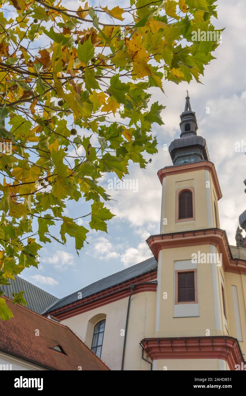 Litomysl, Tschechische Republik, Tower od Kirche von der Entdeckung des Heiligen Kreuzes mit Blättern im Herbst, Kirche im barocken Stil. In tschechischer Sprache Stockfoto