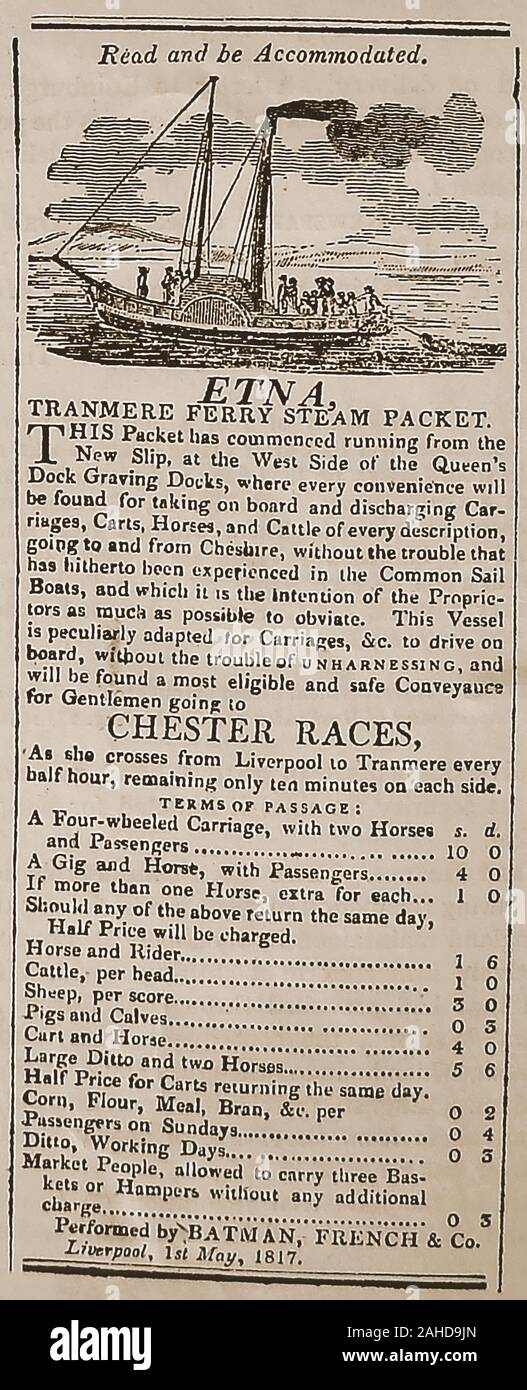 LIVERPOOL TRANMERE FÄHRE, betrieben von der französischen, BATMAN & Co. VON LIVERPOOL. - Anzeige von der Liverpool Quecksilber 2. Mai 1817 Für den Ätna Tranmere Fähre Steam Packet von Queens Dock graving Docks zu Cheshire ran (und Chester Rennen), die landwirtschaftliche Tiere und Wagen/Karren jeder Beschreibung. Stockfoto