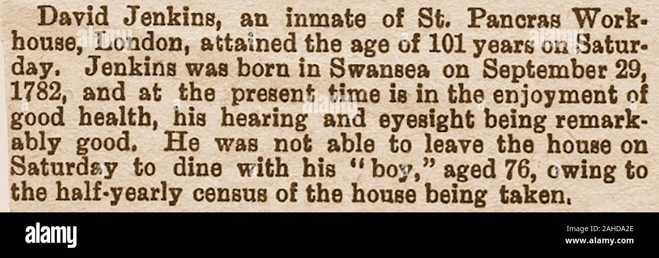 1883 Zeitung Ausschnitt - 101. Geburtstag von Swansea geboren David Jenkins von St Pancras Workhouse, London und seine 'Boy' im Alter von 76, bei der Volkszählung 1881 von Großbritannien festgestellt Stockfoto