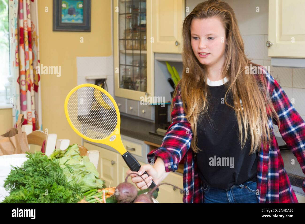 Mädchen swatting fliegt mit bug Zapper Stockfoto