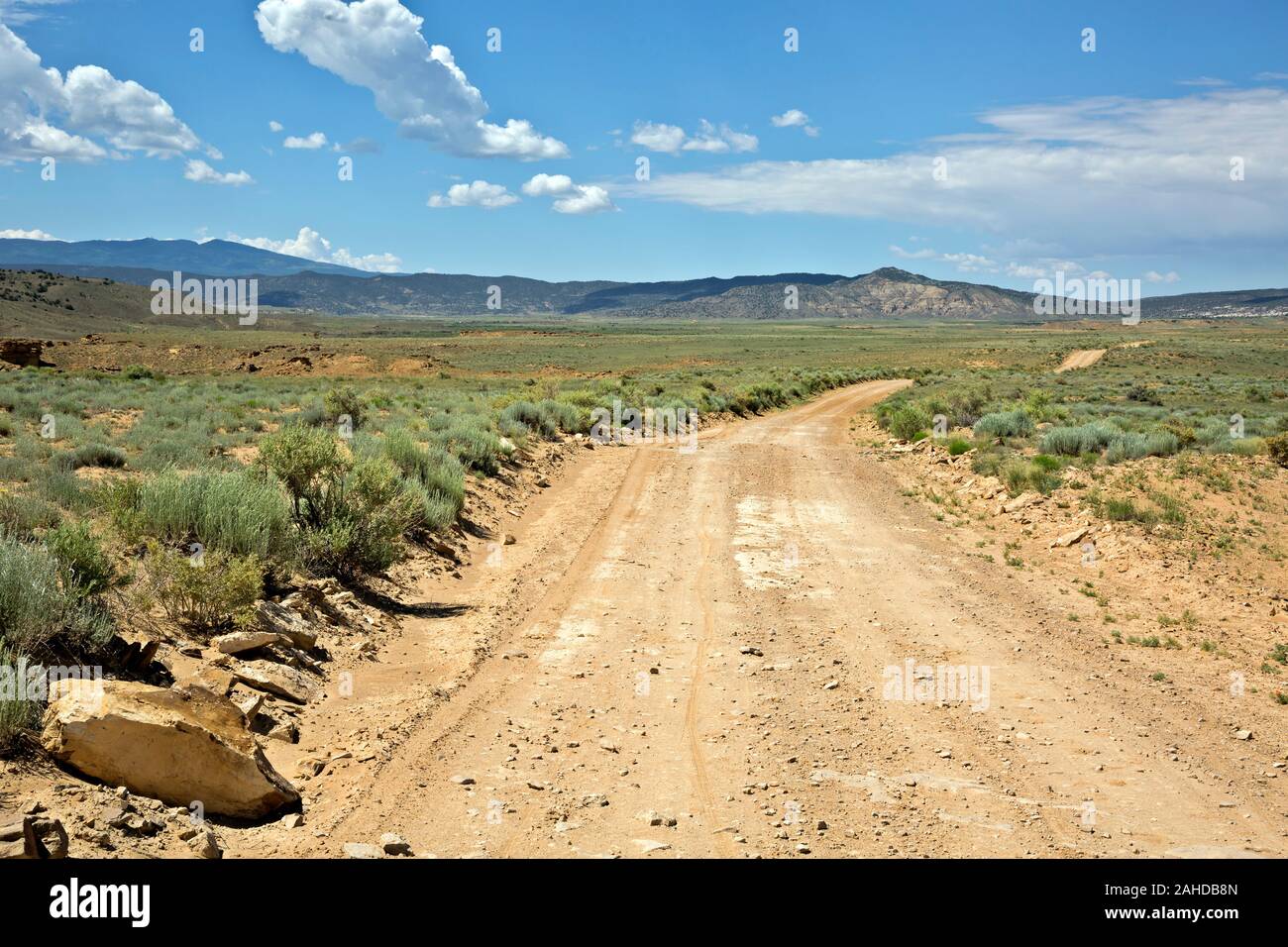 NM 00221-00 ... New-mexico-Straße über die trockene, Highland Prärien von Reitern auf der Great Divide Mountain Bike Route gefolgt. Stockfoto