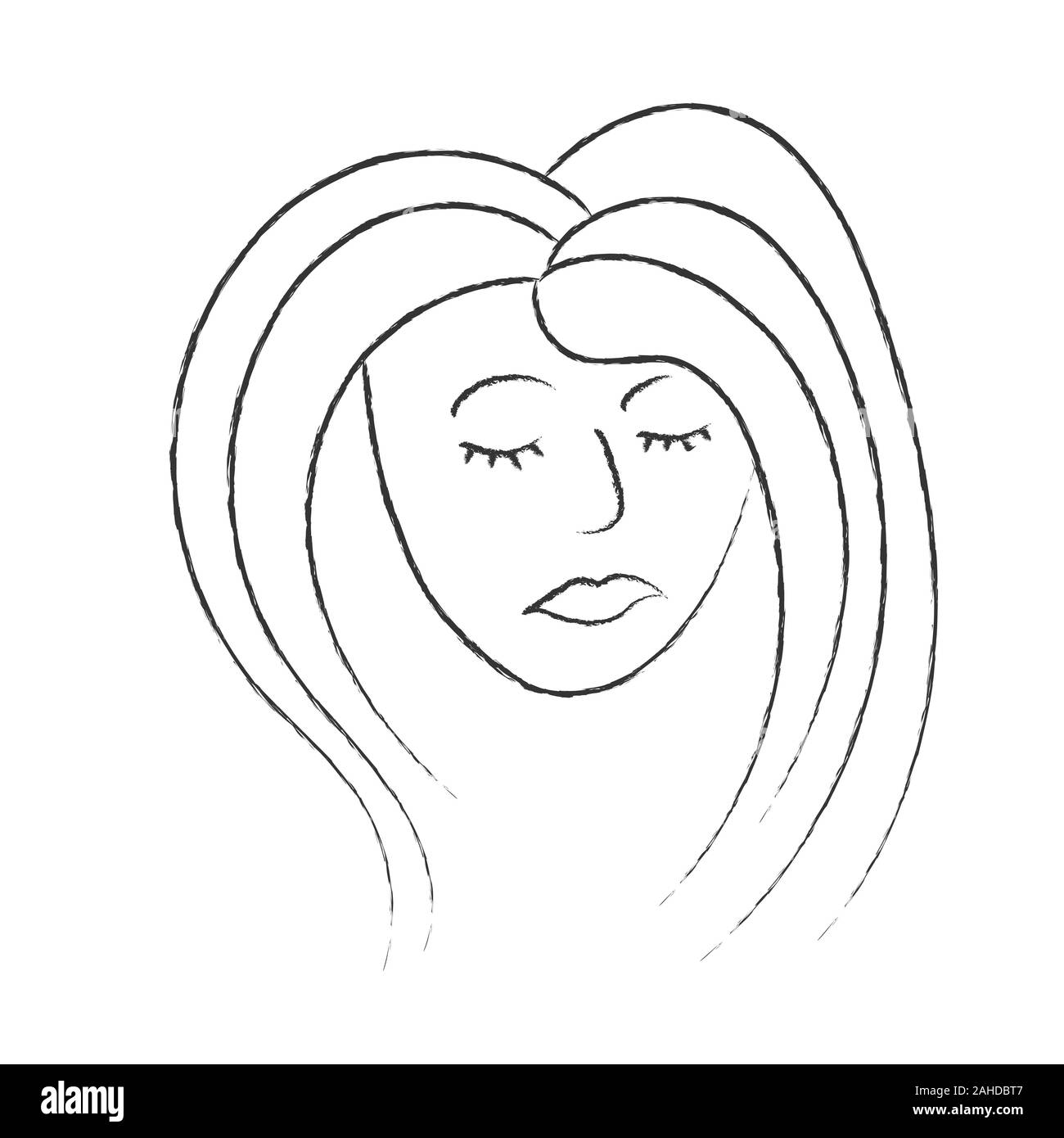Gesicht der Frau mit geschlossenen Augen. Der Stil von Doodle. Auf einem weißen Hintergrund. Das Konzept des Feminismus. Schwarze und Weiße Vector Illustration für de Stock Vektor