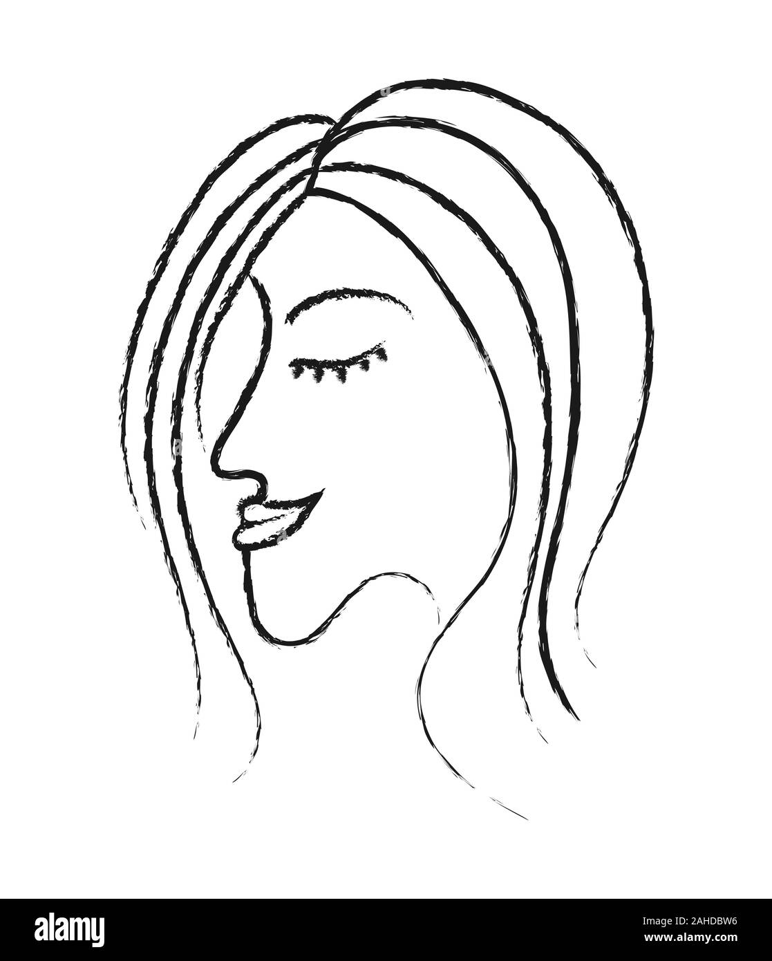 Schöne Profil von das Gesicht einer Frau mit geschlossenen Augen. Der Stil von Doodle. Auf einem weißen Hintergrund. Das Konzept der Feminismus oder Tag der Frauen. Bla Stock Vektor
