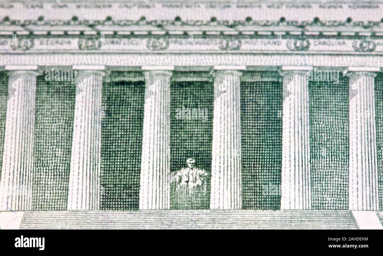 Lincoln Memorial auf fünf Dollar Bill Stockfoto