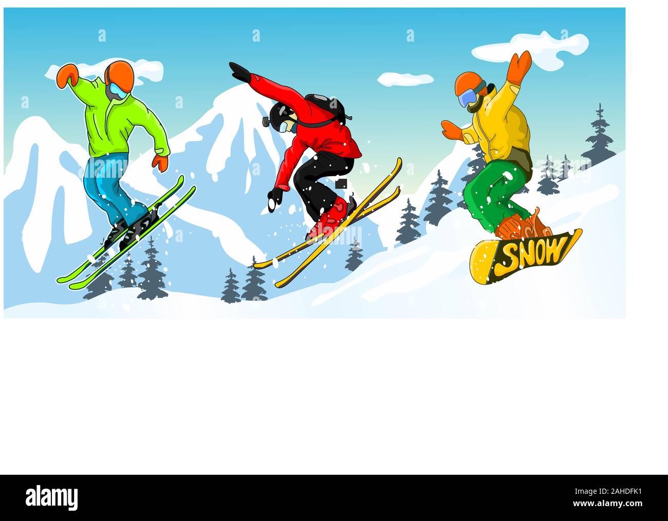 Snowboarden und Skifahren. Vektor-Illustration eines springenden Snowboarders und zwei Skifahrer in trendigen flachen Stil, isoliert auf Schnee Berge Hintergrund Stockfoto