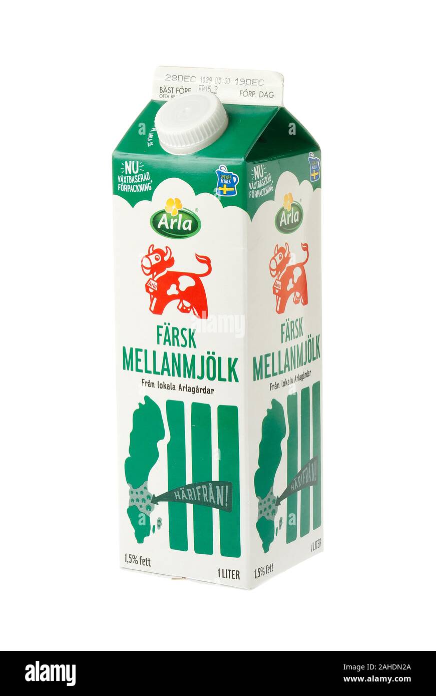Stockholm, Schweden, 27. Dezember 2019: ein Paket mit einem Liter Milch mit 1,5 Prozent Fett von der Molkerei Arla für den schwedischen Markt produziert, wie es Lo Stockfoto