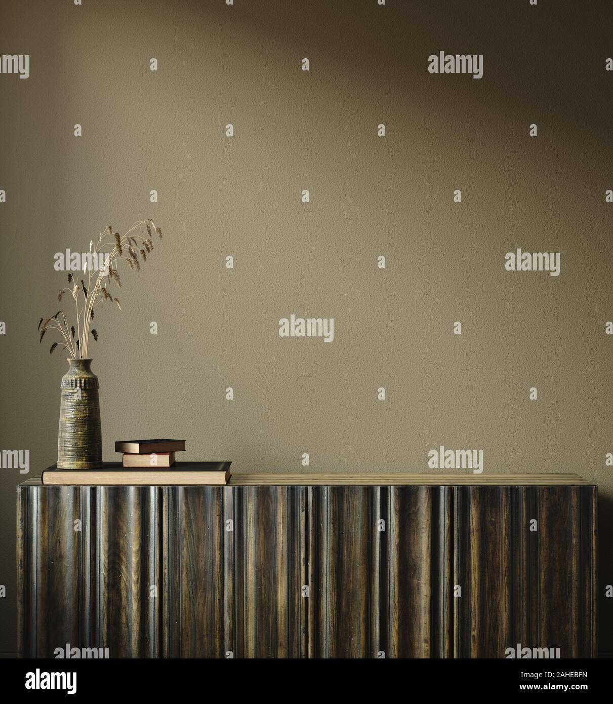 Wand-, Gestell mock up in dunklen minimalistischen Interieur close up, 3D-Rendering Stockfoto