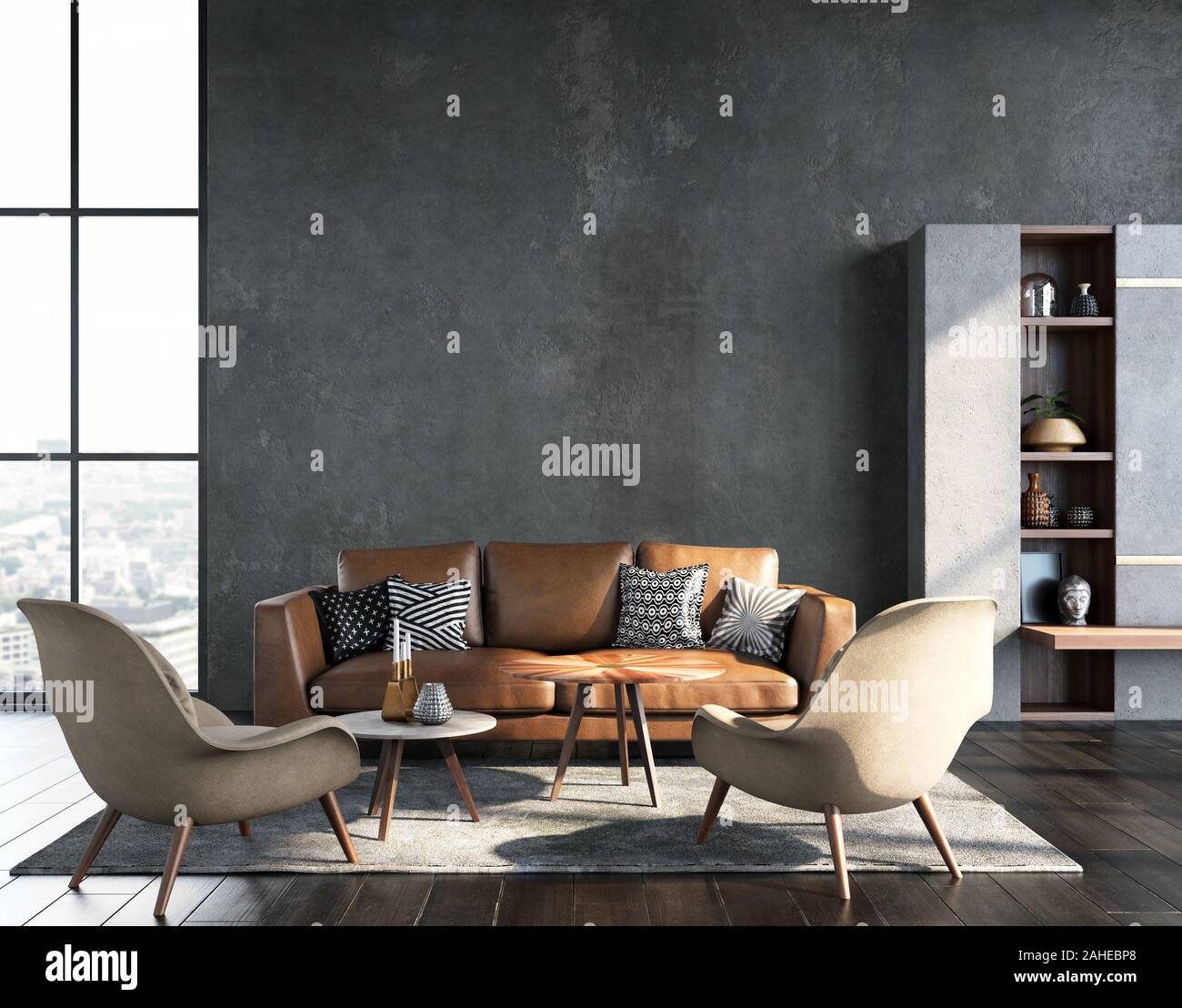 Wohnzimmer im Innenbereich im Loft, Industrial Design, 3D-Rendering Stockfoto