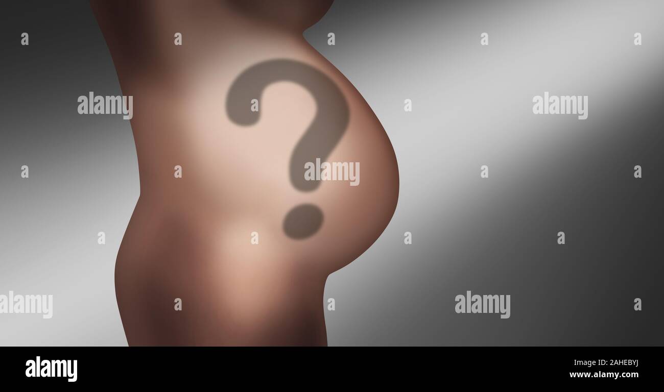 Schwangerschaft Fragen und zukünftige Mutter schwanger mit einer Entbindung Fragezeichen Schatten als Symbol für Geburtshelfer und Gynäkologen. Stockfoto