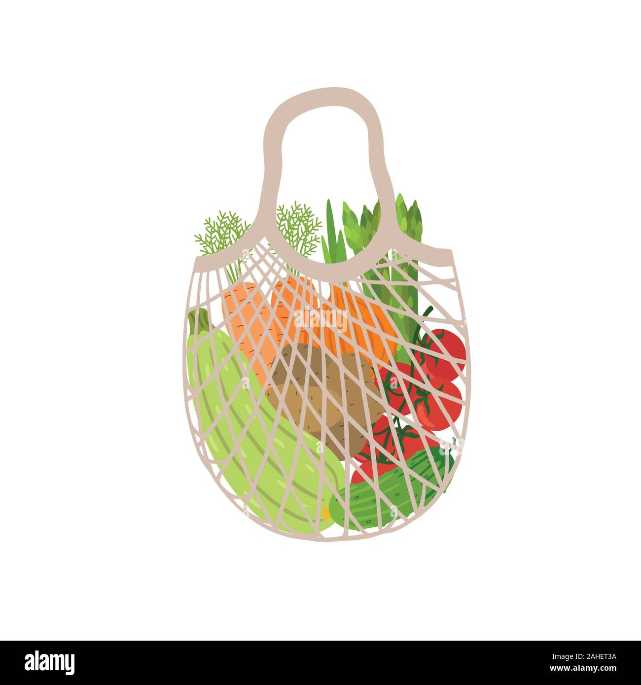 Eco Beutel voller Gemüse. Moderne Shopper mit frischen Bio-Lebensmitteln aus lokalen Markt. Stock Vektor