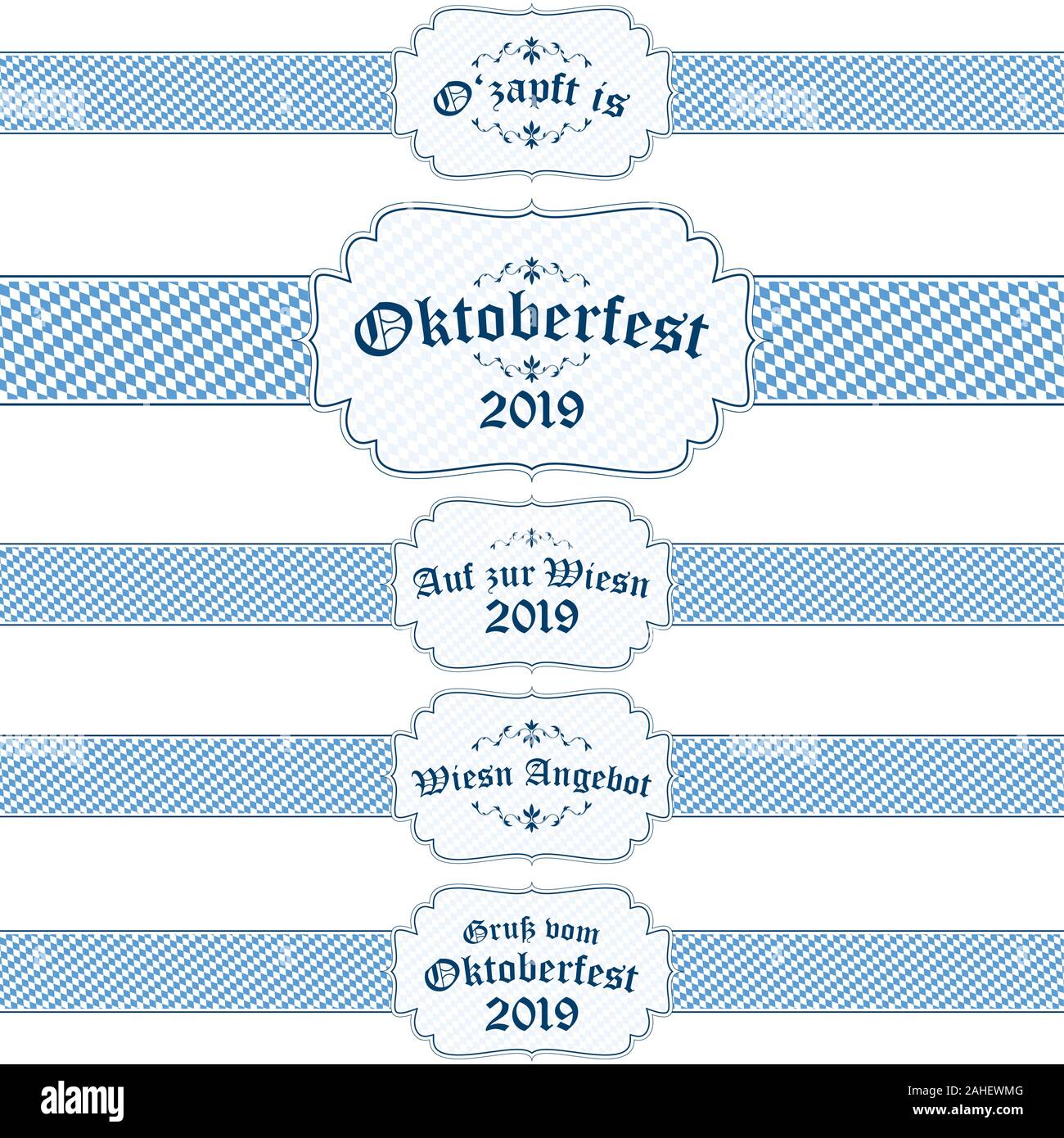 Fünf verschiedene blaue und weiße Oktoberfest 2019 Banner mit Text Stock Vektor