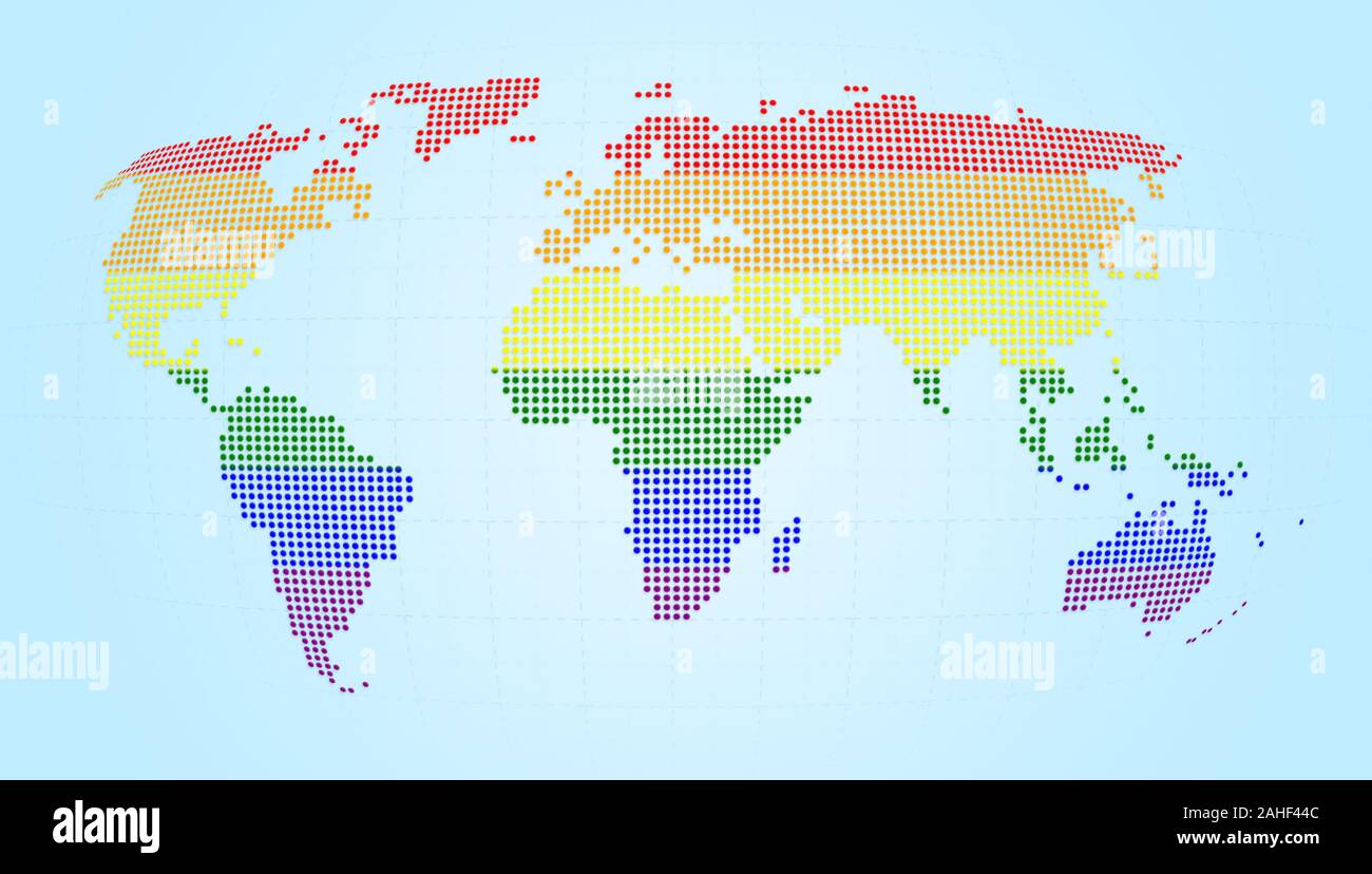 Gepunktete Weltkarte mit Farben der LGBT-Bewegung Regenbogen Flagge auf hellblauem Hintergrund. Hohe Auflösung Konzept Abbildung. Stockfoto
