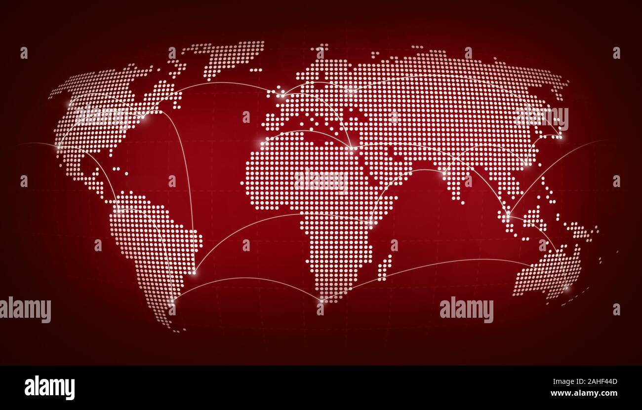 Gepunktete Weltkarte mit Flugpfaden, die Städte verbinden. Verschwommener dunkelroter Hintergrund. Konzeptfoto für globale Kommunikation, Reisen und Globalisierung Stockfoto