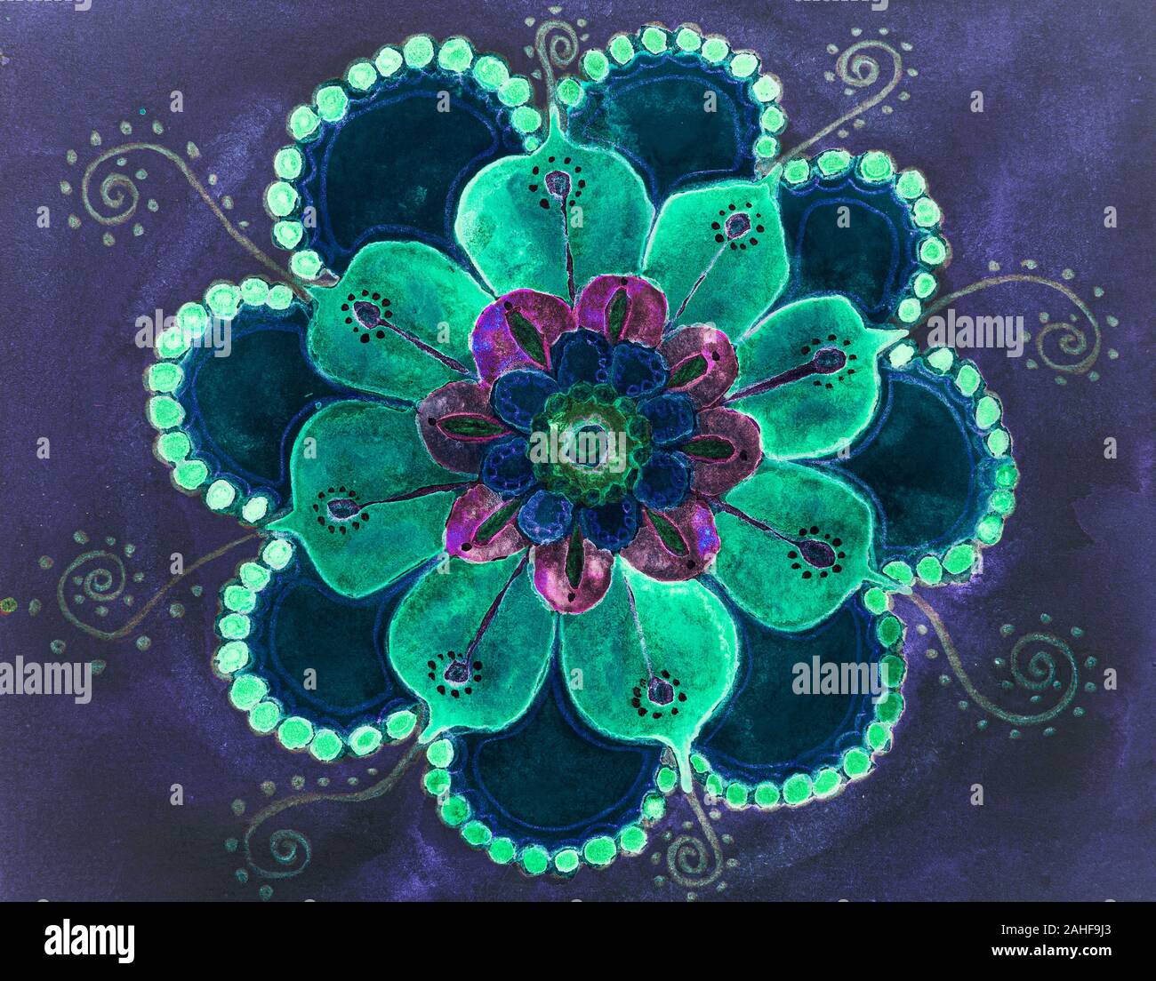 Psychedelische Mandala mit Blumen. Die Tupfen Technik in der Nähe der  Kanten gibt einen Weichzeichner Effekt aufgrund der veränderten Rauigkeit  der Oberfläche des Papiers Stockfotografie - Alamy