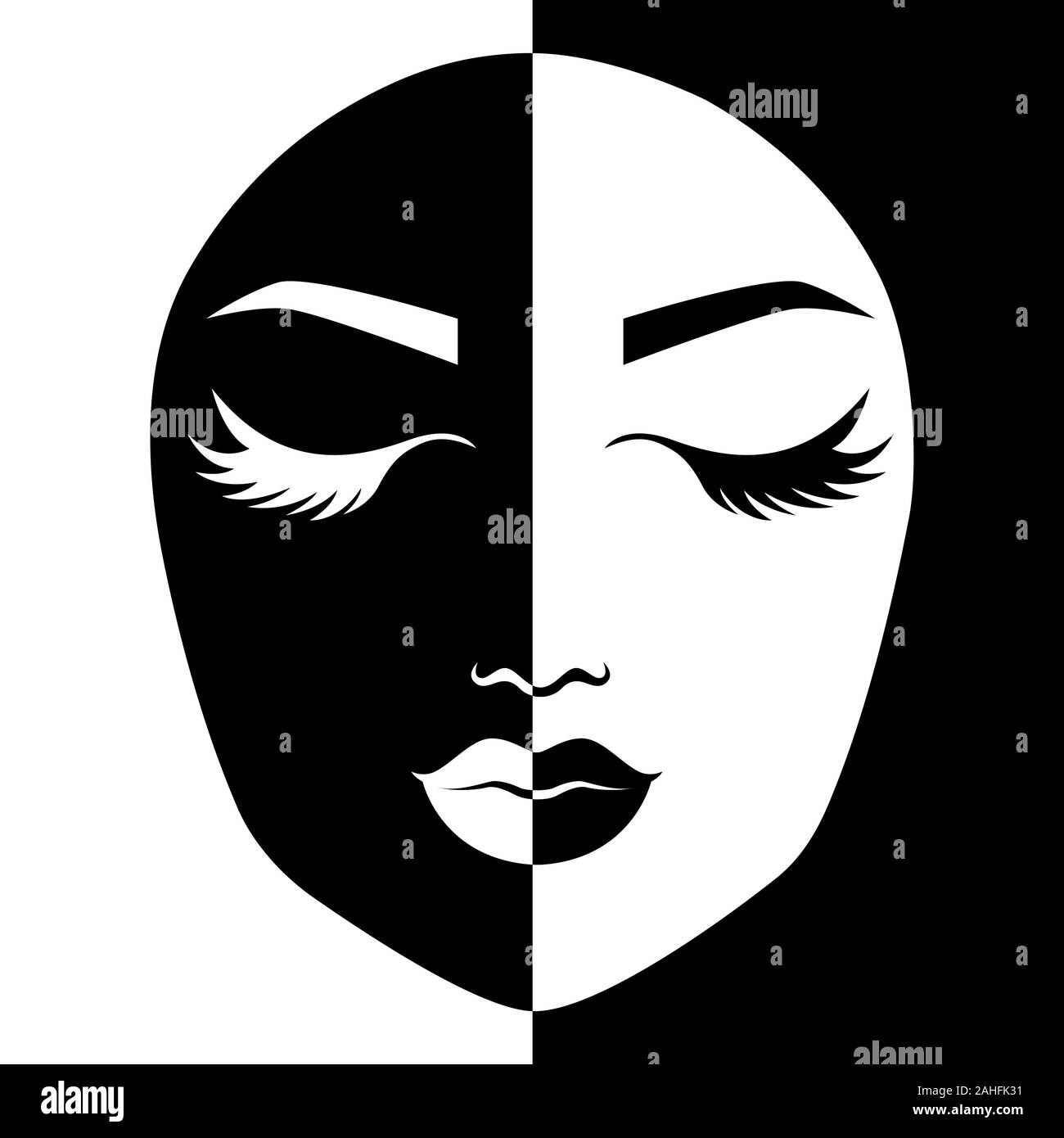 Die abstrakte Frau Gesicht mit geschlossenen Augen in die negativen und positiven Raum Split, Schwarze und Weiße konzeptionelle Ausdruck, hand Zeichnung Abbildung Stock Vektor