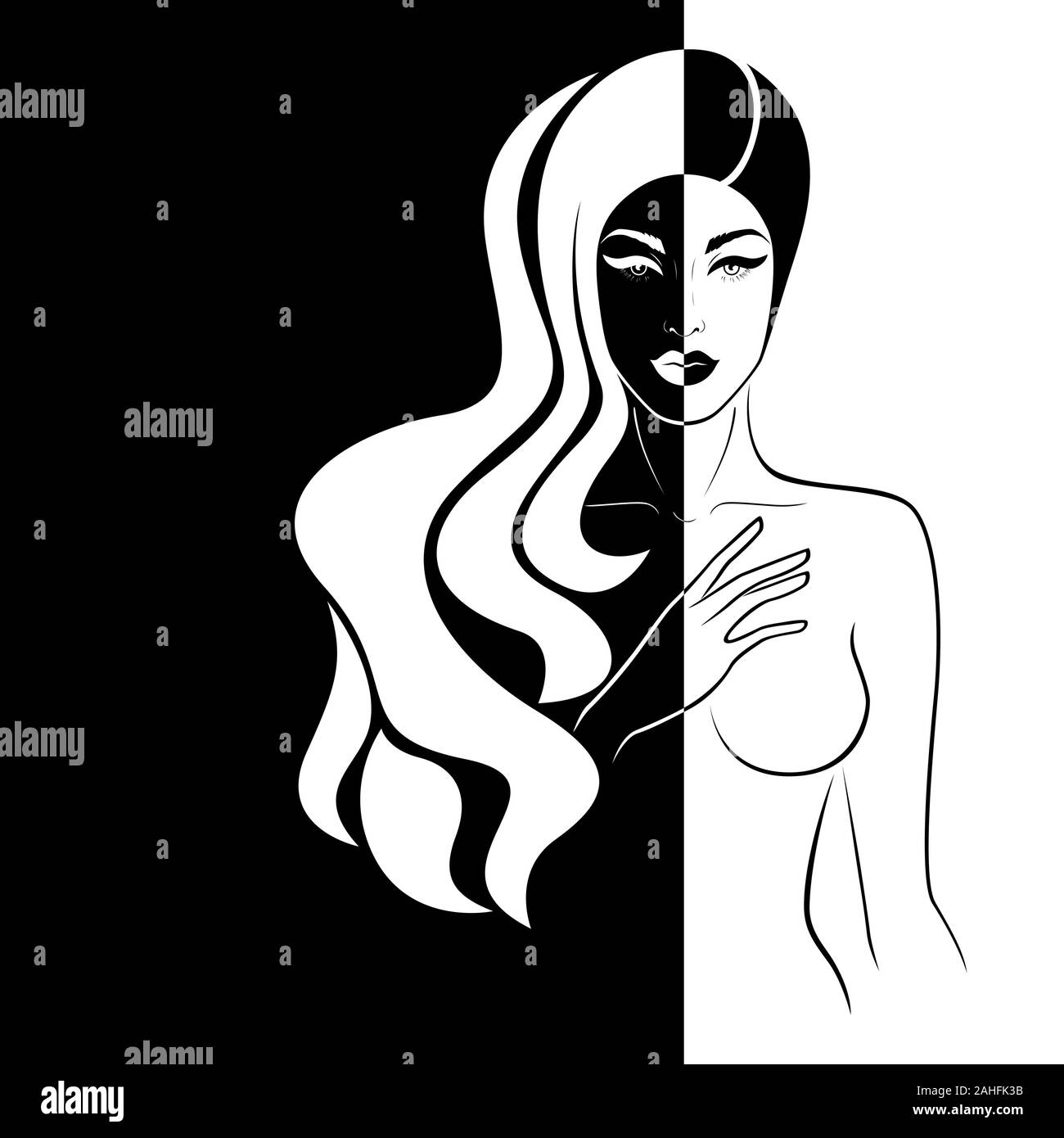 Abstrakte attraktive Frau mit langem Haar Split in negativen und positiven Raum, Schwarze und Weiße konzeptionelle Ausdruck, hand Zeichnung Abbildung Stock Vektor