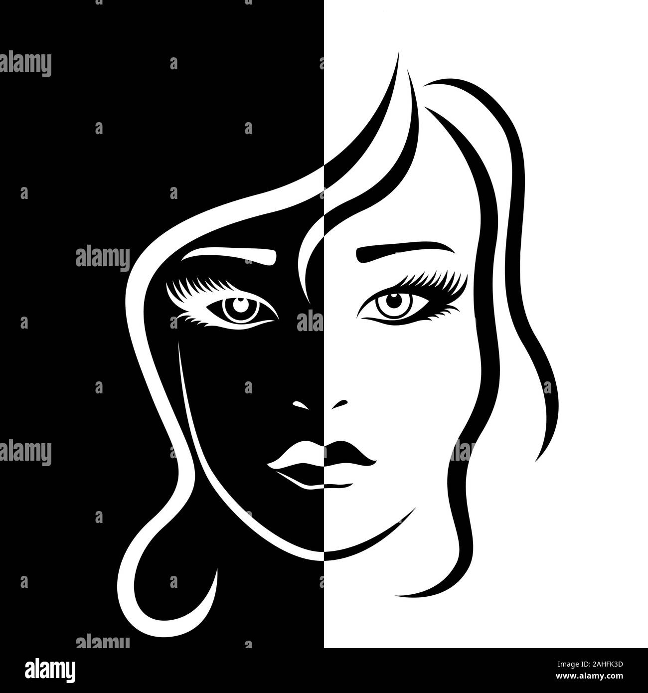 Abstrakte schöne weibliche Gesicht in Negativ Positiv Raum, Schwarze und Weiße konzeptionelle Ausdruck, hand Zeichnung Abbildung Stock Vektor