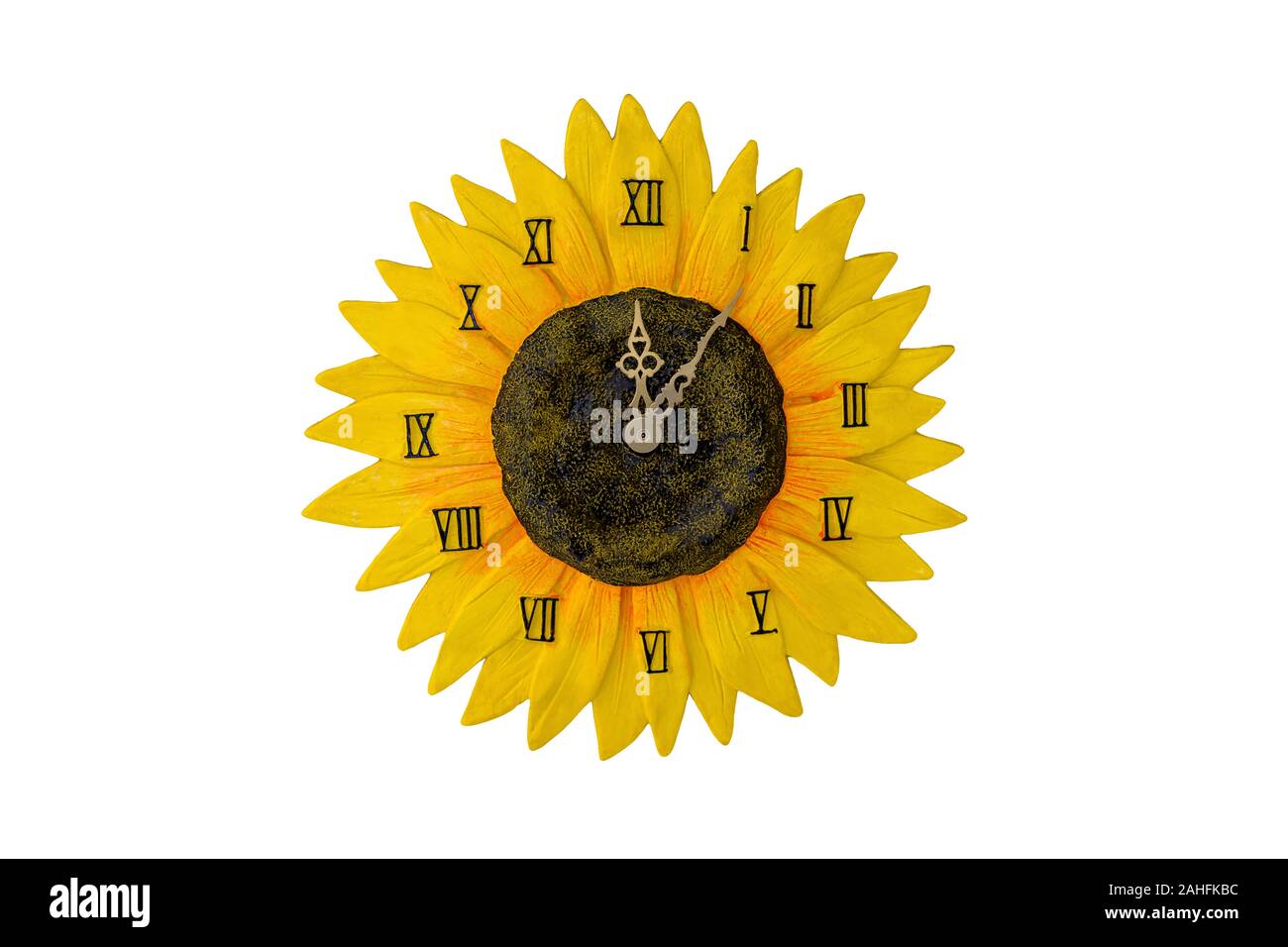 Gelb Sunflower Clock isoliert auf einem weißen Hintergrund. Stockfoto