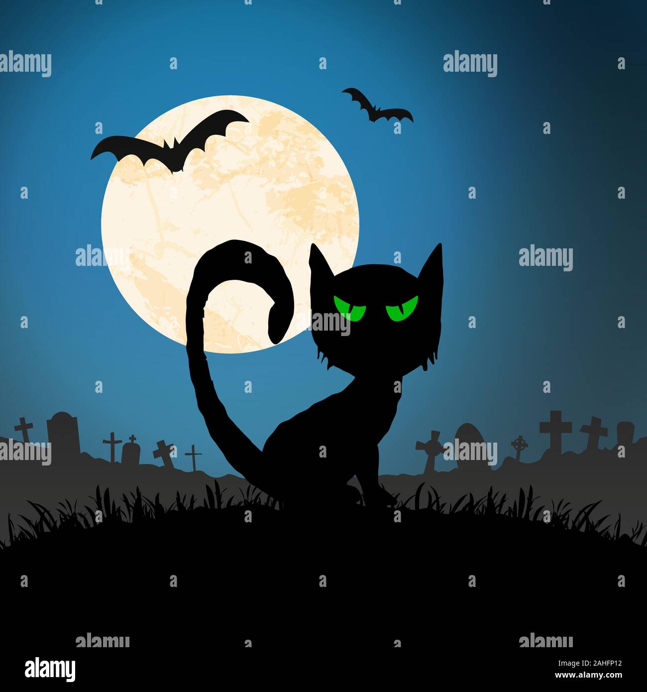 Spooky Katze vor einem Vollmond mit Grabsteinen und andere illustrierte Elemente für Halloween Hintergrund Layouts Stock Vektor