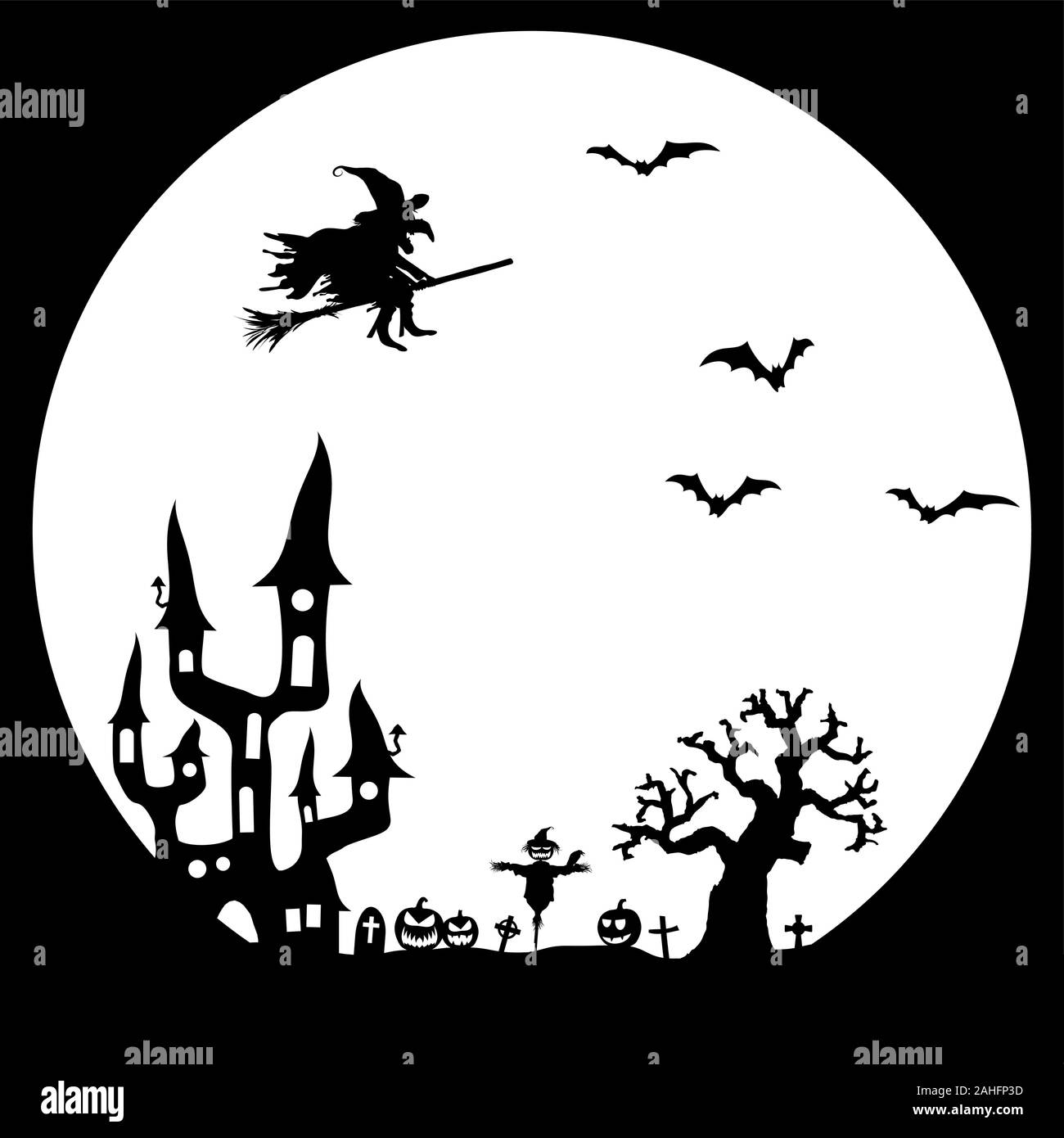 Dark Castle und Hexe vor Vollmond mit unheimlichen illustrierte Elemente für Halloween Hintergrund Layouts Stock Vektor