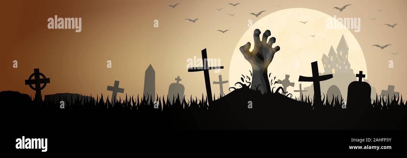 Zombie Hand vor eine Burg und ein Vollmond mit Grabsteinen und andere illustrierte Elemente für Halloween Hintergrund Layouts Stock Vektor