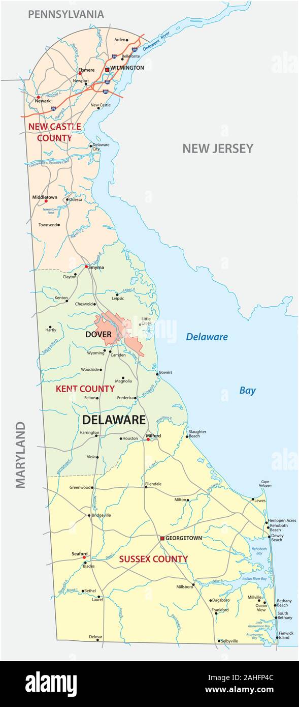 Straße und administrative Karte des US-amerikanischen Bundesstaats Delaware Stock Vektor