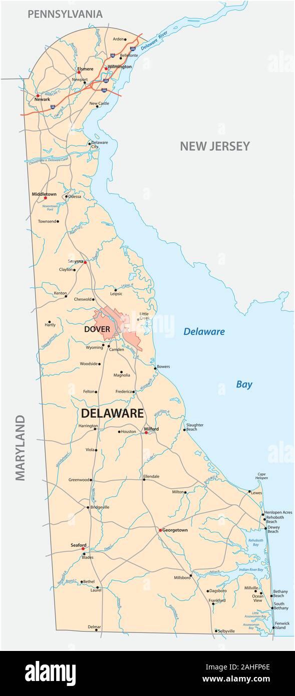 Straßenkarte des US amerikanischen Staates Delaware. Stock Vektor