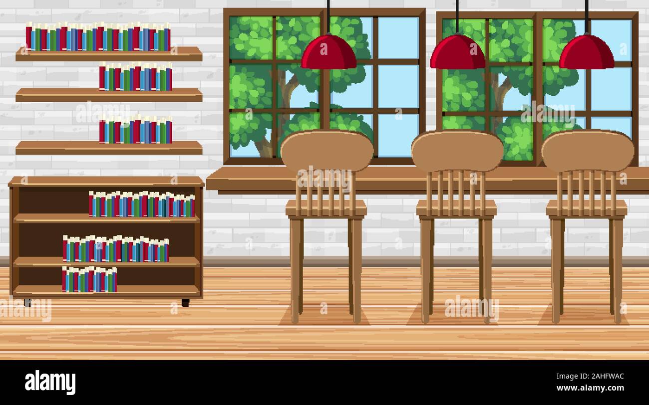 Szene mit hohen Stühlen und Bücher im Zimmer Abbildung Stock Vektor