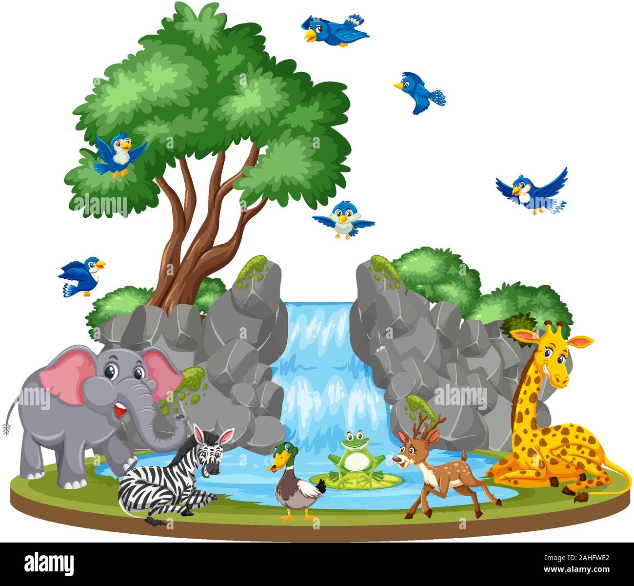 Hintergrund Szene von Tieren und Wasserfall Abbildung Stock Vektor