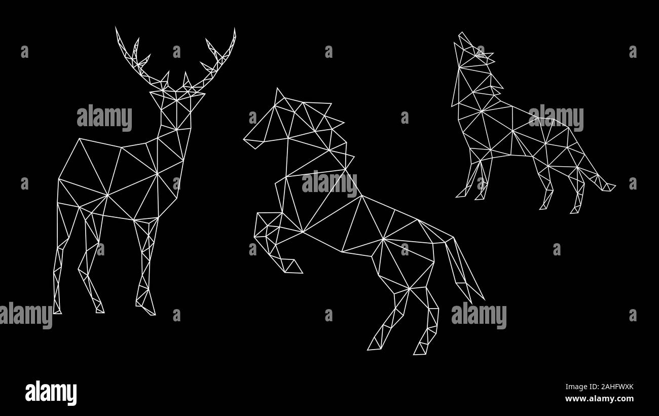 Mode geometrische aus weißem Kontur eines Hirsches, Pferd und Wolf auf einem dunklen Hintergrund. Minimalismus im Stil der Trigonometrie. Stock Vektor