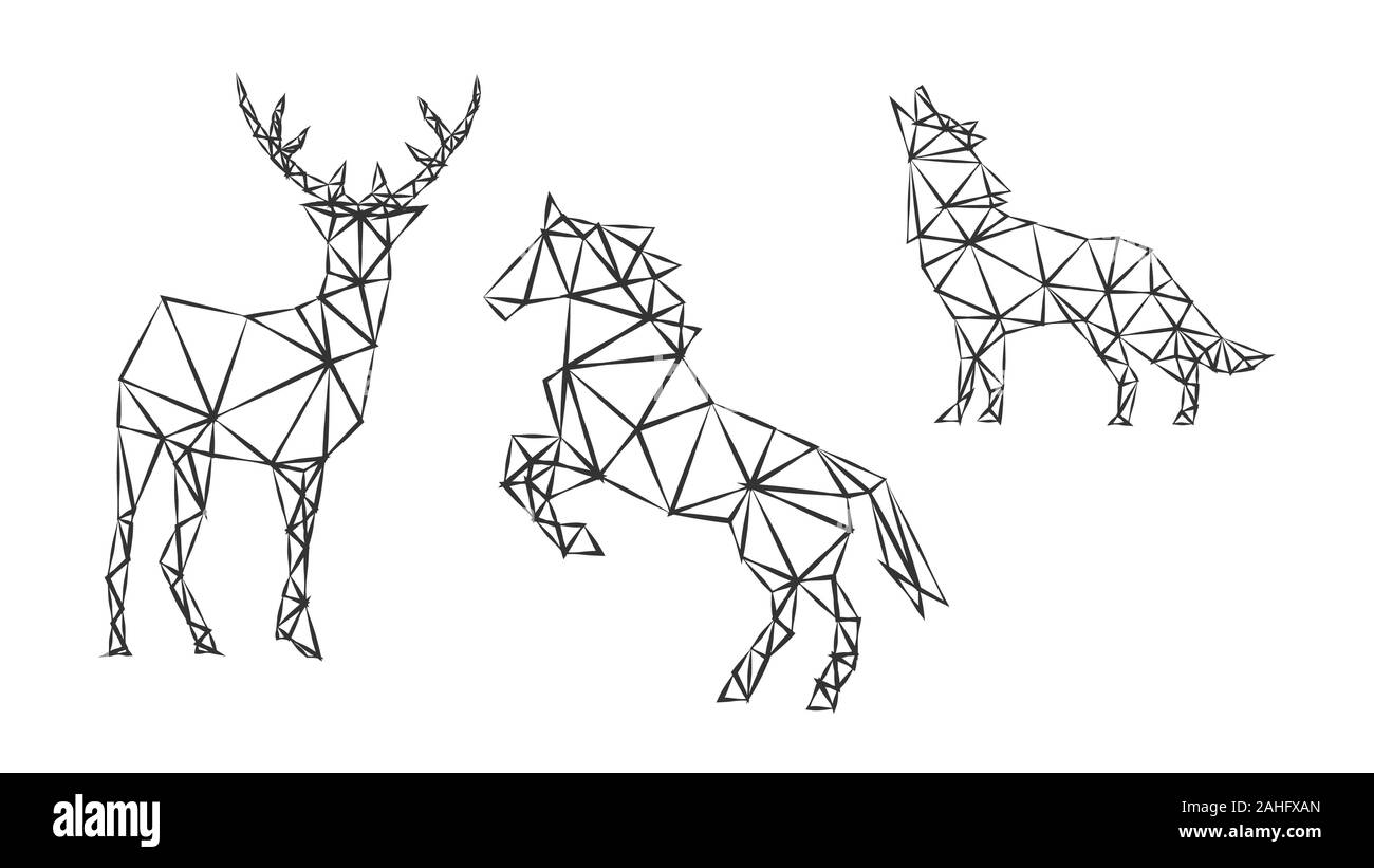 Mode geometrische Umrisse von starken Tier Hirsche, pferde- und Wolf auf Weiß. Minimalismus im Stil der Trigonometrie. Stock Vektor
