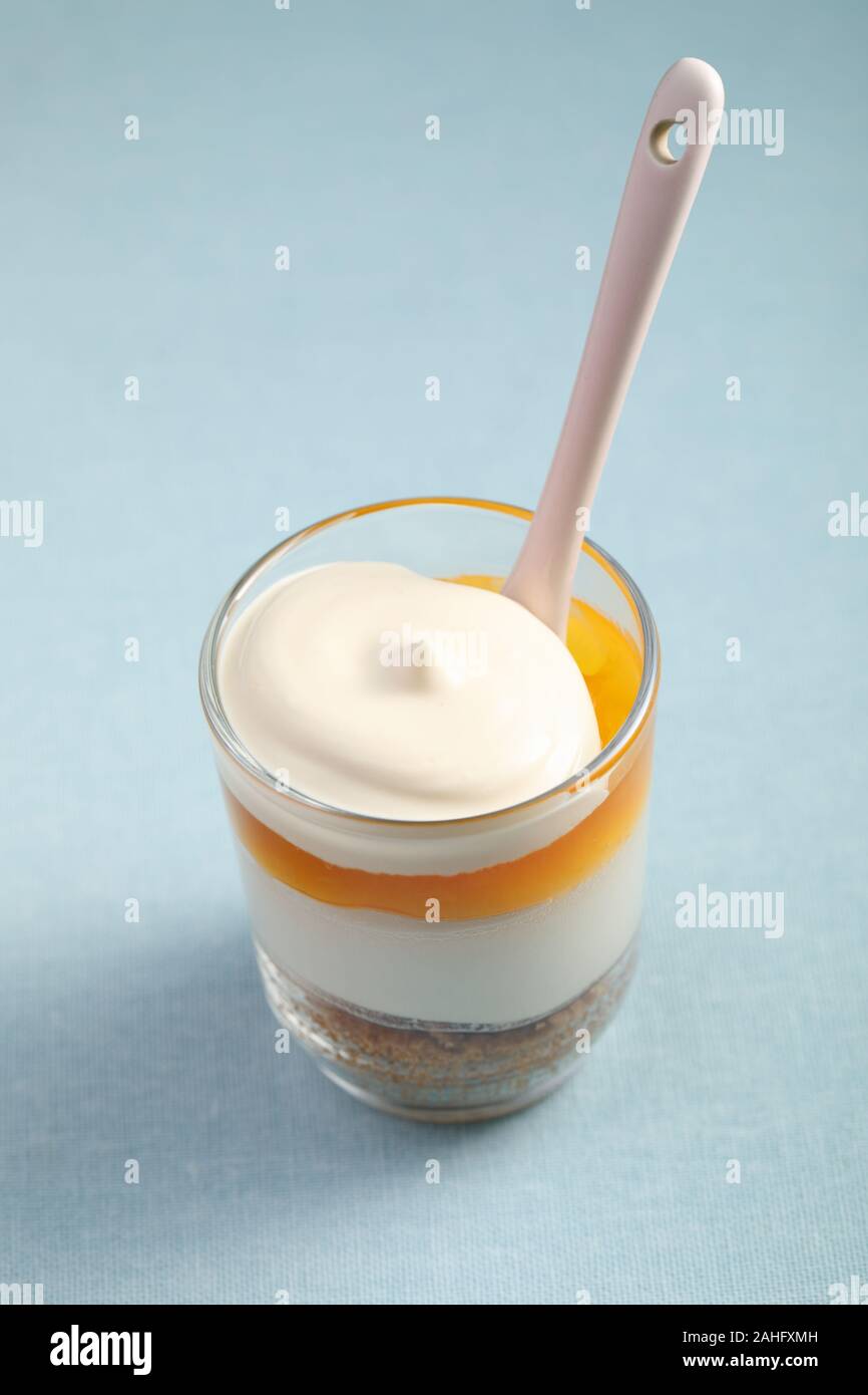 Mango und Creme kleinigkeit Nachtisch Nahaufnahme gekrönt mit Vanillesauce Stockfoto