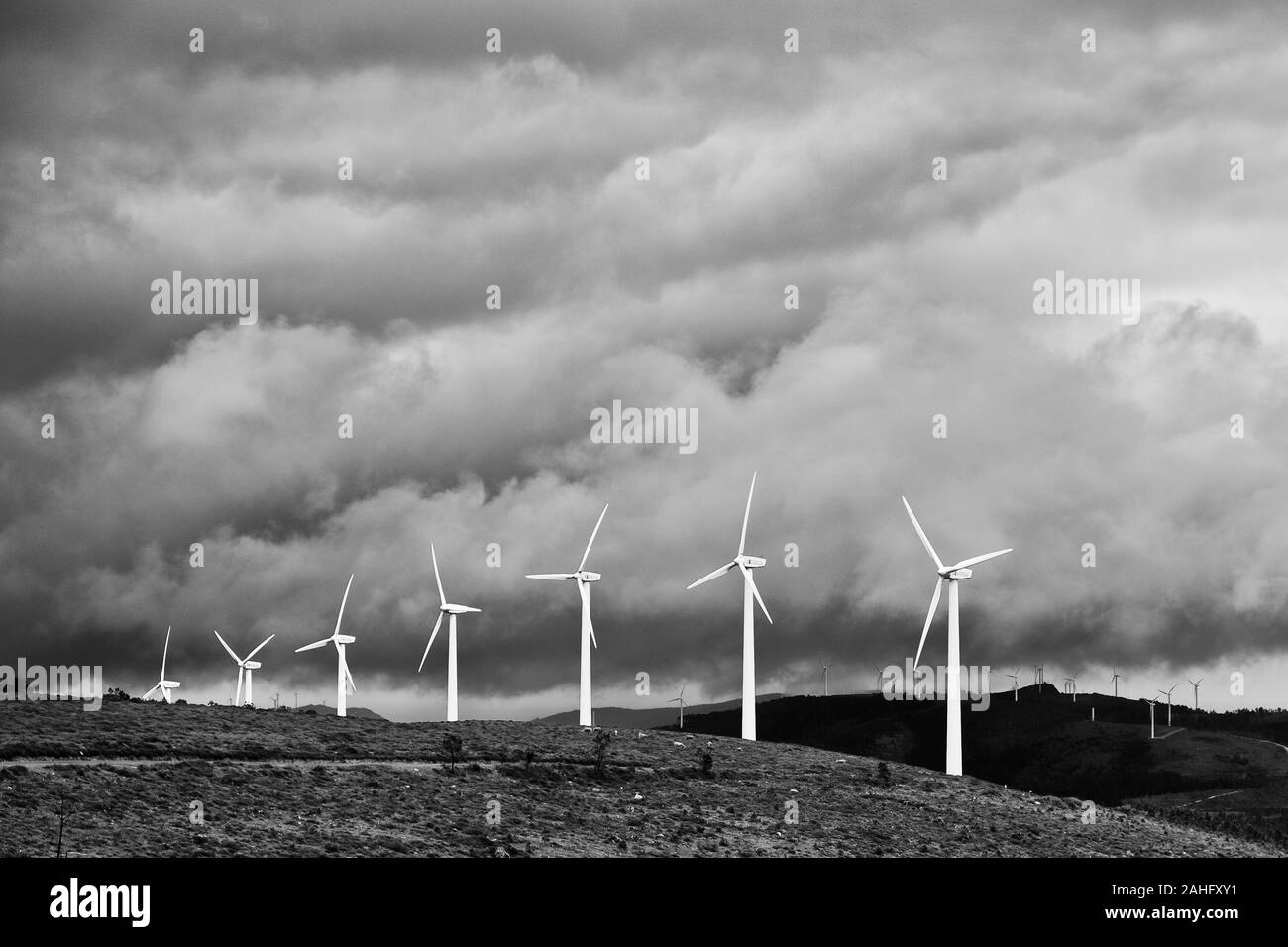 Windenergieanlagen im Nebel, Galizien, Spanien Stockfoto
